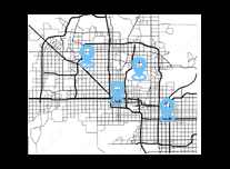 Map with four blue location markers.