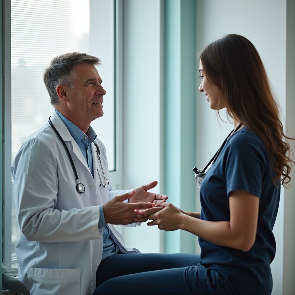 Doctor and nurse having a discussion near a window. The doctor gestures with his hands.