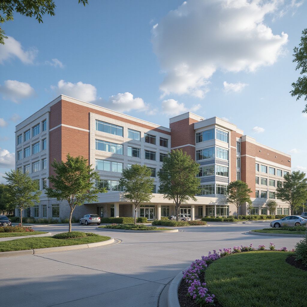 Four-story brick and glass building with trees, landscaping, and a circular driveway under a blue sky.