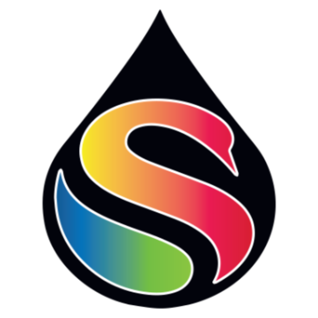 Black teardrop logo with a colorful 