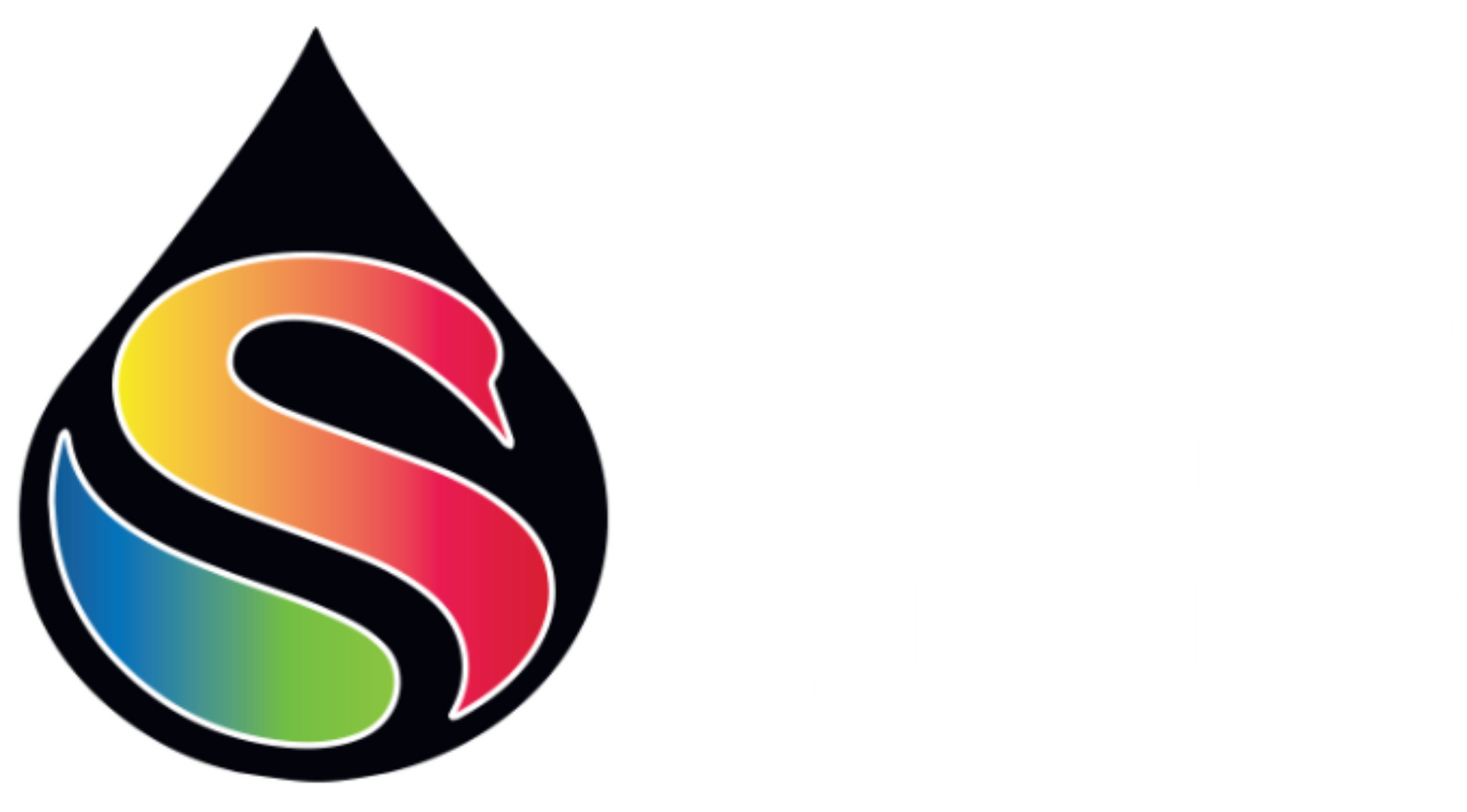 Black teardrop logo with a rainbow-colored 