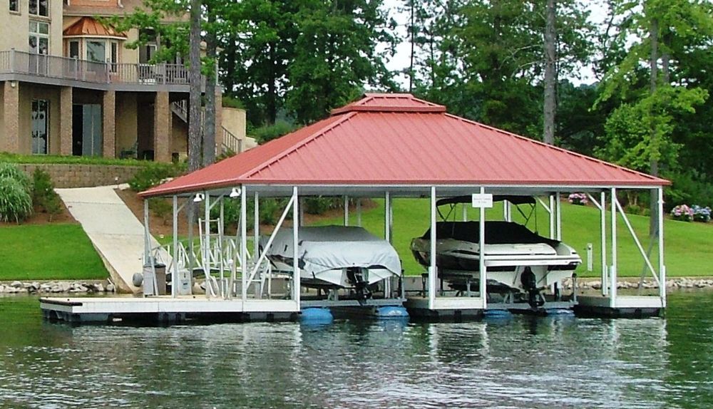 Buckskin decking and railing, crimson roof, with full length swim platform - Dock Solutions of Kentucky | Lexington, KY