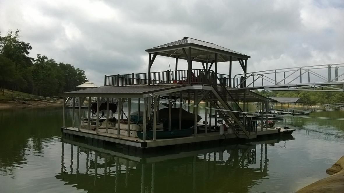 Burnished slate roof, railings, and posts with buckskin decking. Shown with optional upper deck ramp hook-up. - Dock Solutions of Kentucky | Lexington, KY