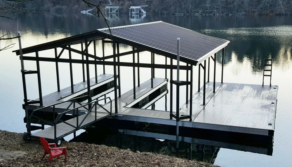 Burnished slate roof and posts paired with buckskin decking - Dock Solutions of Kentucky | Lexington, KY