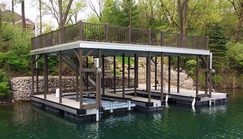 Double slip sundeck boat dock with buckskin LockDry aluminum decking and burnished slate posts and railing - Dock Solutions of Kentucky | Lexington, KY