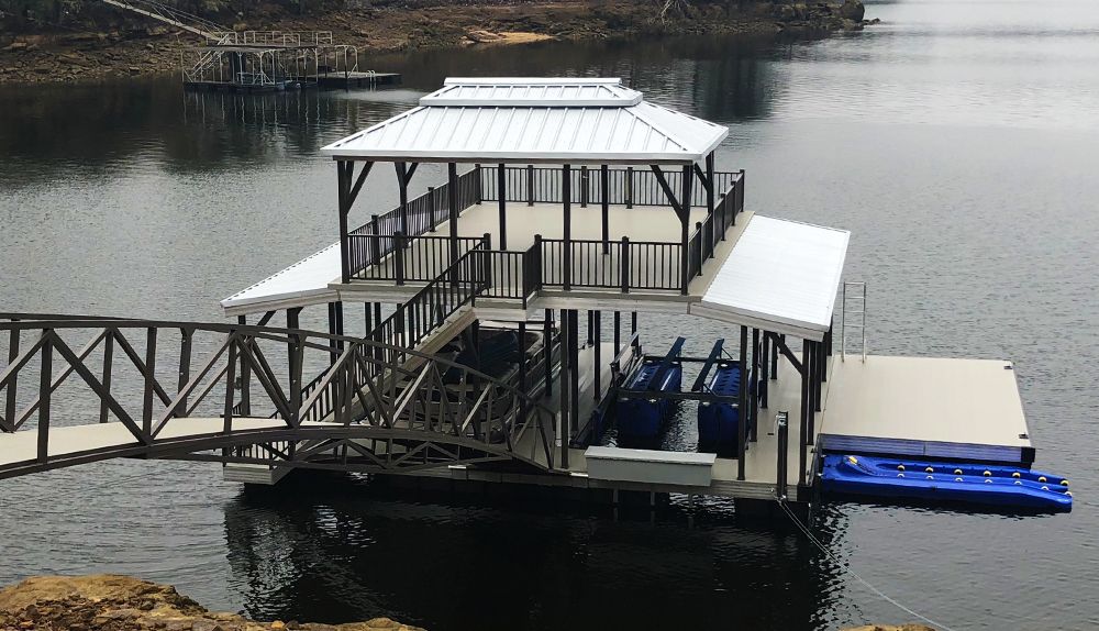 Sundeck combo boat dock. Galvalume roof with burnished slate posts and buckskin decking - Dock Solutions of Kentucky | Lexington, KY