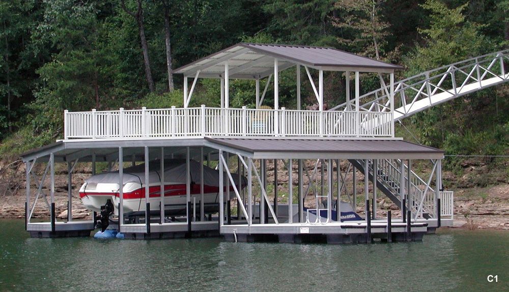 Silverstone decking and railing, burnished slate roof, with swim platform, swim ladder, and gable shade - Dock Solutions of Kentucky | Lexington, KY