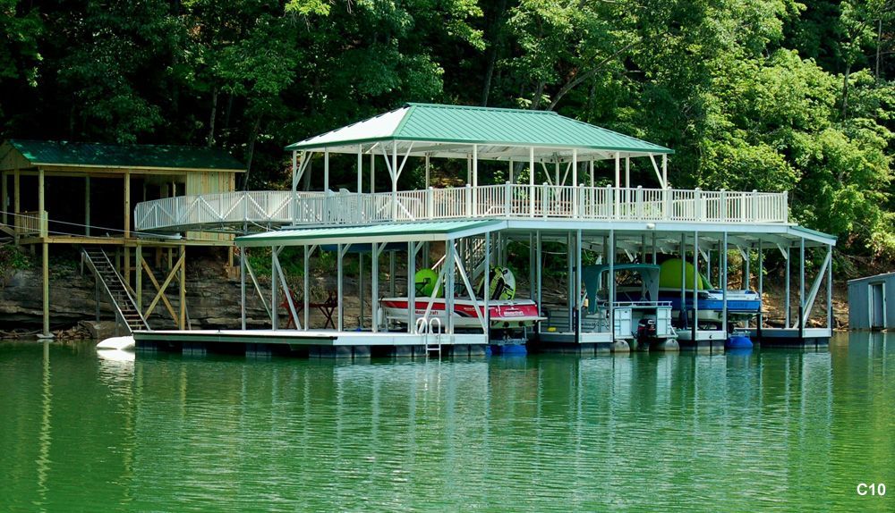 Silverstone decking and railing, hunter green roof, with swim platform, swim ladder, hip shade, and ramp pickets - Dock Solutions of Kentucky | Lexington, KY
