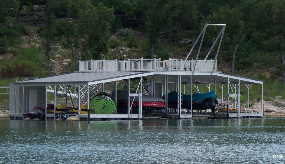 Silverstone decking and railing, charcoal roof, with closet, custom diving board, super swing, and PWC slips - Dock Solutions of Kentucky | Lexington, KY