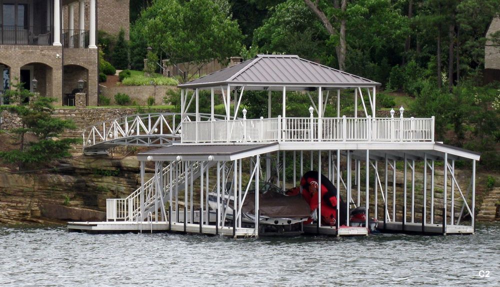 Silverstone decking and railing, burnished slate roof, with floating walkways and swim ladder - Dock Solutions of Kentucky | Lexington, KY