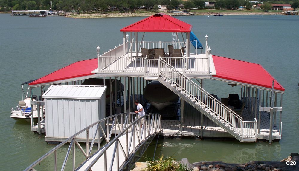 Silverstone decking and railing, crimson roof, with closet, hip shade, and custom slide - Dock Solutions of Kentucky | Lexington, KY
