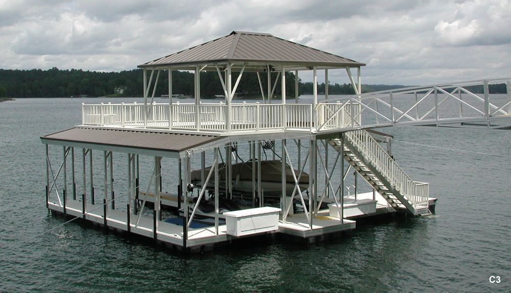 Silverstone decking and railing, burnished slate roof, with swim platform, swim ladder, dock lockers, and hip shade - Dock Solutions of Kentucky | Lexington, KY