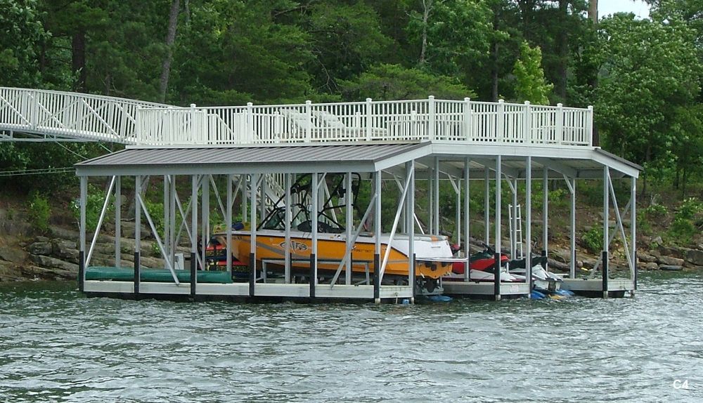 Silverstone decking and railing, burnished slate roof, with swim platform, swim ladder, and ramp pickets - Dock Solutions of Kentucky | Lexington, KY