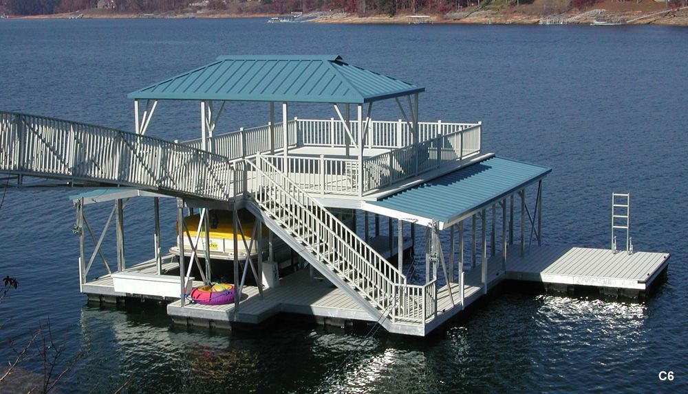 Silverstone decking and railing, Hawaiian blue roof, with swim platform, swim ladder, ramp pickets, and hip shade - Dock Solutions of Kentucky | Lexington, KY