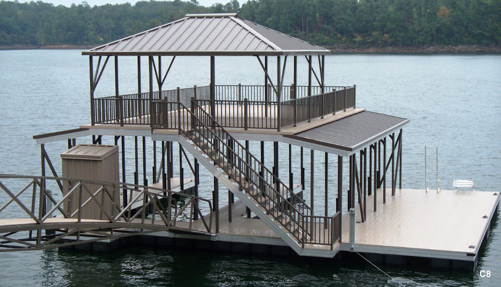 Buckskin decking and railing, burnished slate roof, with swim platform, swim ladder, dog steps, and hip shade - Dock Solutions of Kentucky | Lexington, KY