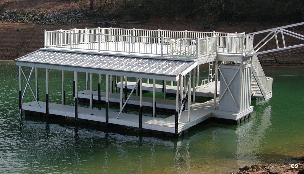 Silverstone decking and railing, charcoal roof, with swim platform, swim ladder, and closet - Dock Solutions of Kentucky | Lexington, KY
