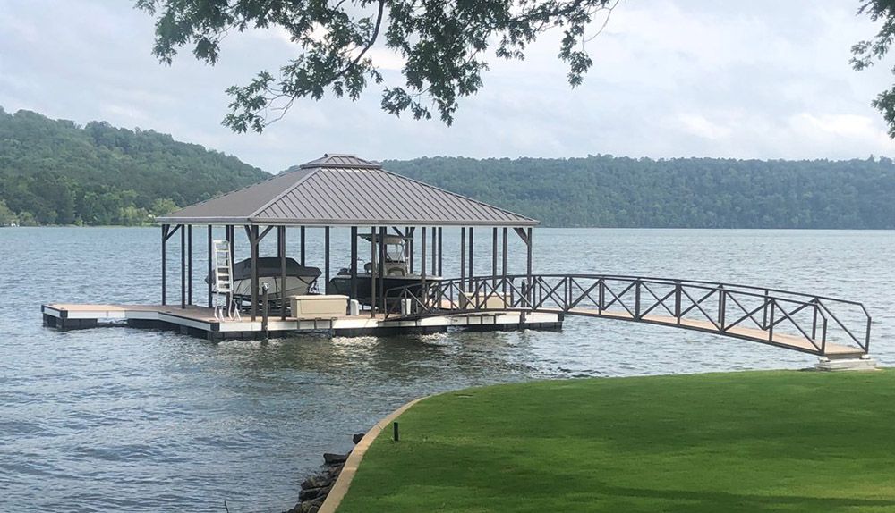Double slip hip roof boat dock with 1/4 swim platform - Dock Solutions of Kentucky | Lexington, KY