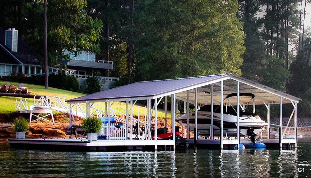 Silverstone decking, burnished slate roof, with full-length swim platform, PWC slip, swim ladder - Dock Solutions of Kentucky | Lexington, KY