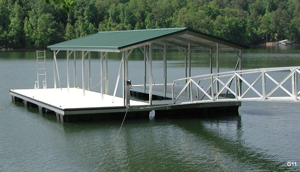 Silverstone decking, hunter green roof, with full-length swim platform, swim ladder, and protected PWC space - Dock Solutions of Kentucky | Lexington, KY