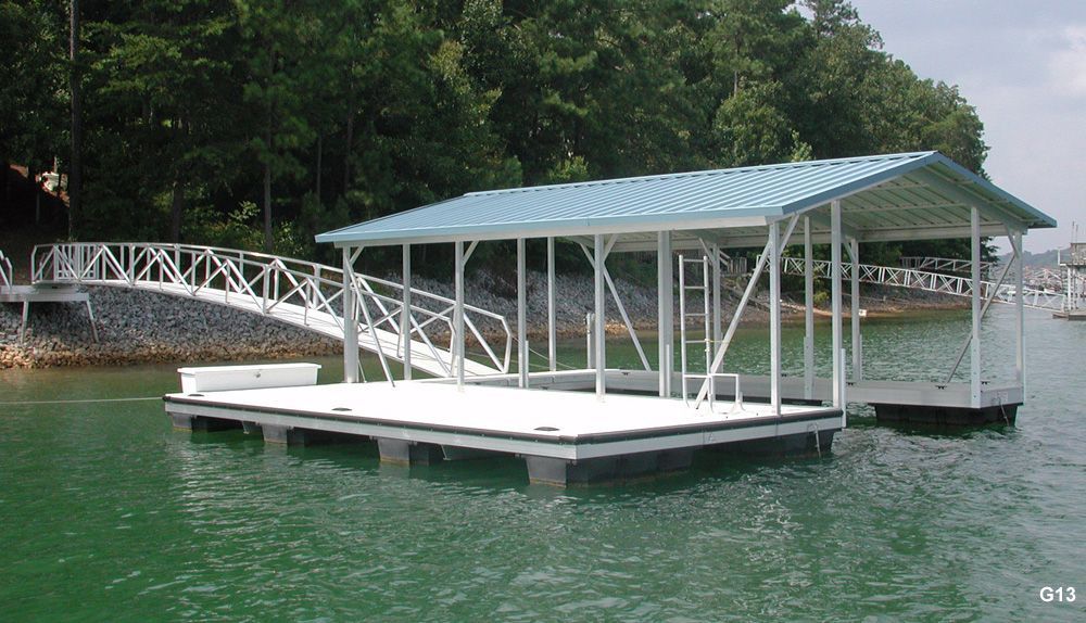 Silverstone decking, Hawaiian blue roof, with full-length swim platform, swim ladder, large dock locker - Dock Solutions of Kentucky | Lexington, KY