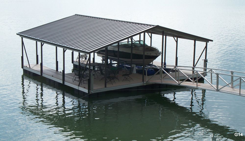 Buckskin decking, burnished slate roof and roof posts, with PWC slip, slip fill-in, and swim ladder - Dock Solutions of Kentucky | Lexington, KY