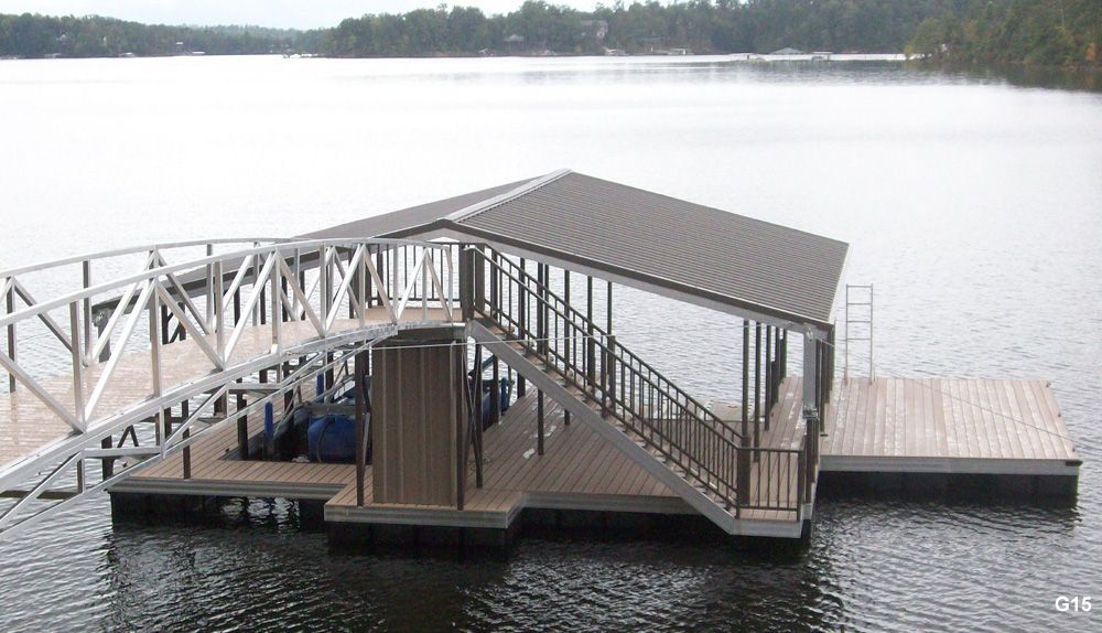 Buckskin decking, burnished slate roof and railing, with swim platform, stairs, swim ladder, closet, and PWC slip - Dock Solutions of Kentucky | Lexington, KY