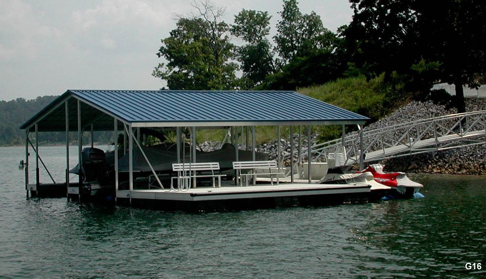 Silverstone decking, charcoal roof, with swim platform, swim ladder, benches, dock lockers, and protected PWC space - Dock Solutions of Kentucky | Lexington, KY