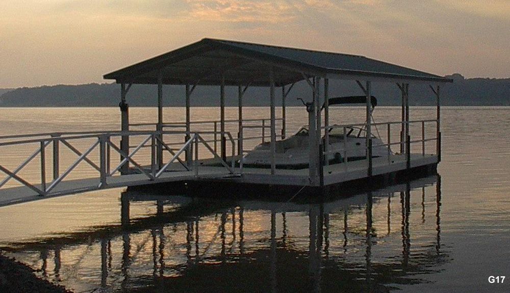 Silverstone decking, hunter green roof, with swim ladder and safety railing - Dock Solutions of Kentucky | Lexington, KY