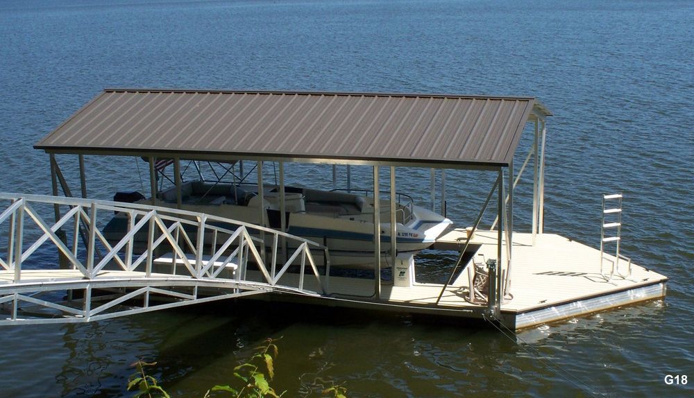 Silverstone decking, burnished slate roof, with defletor platform, swim ladder, and parallel to shore - Dock Solutions of Kentucky | Lexington, KY