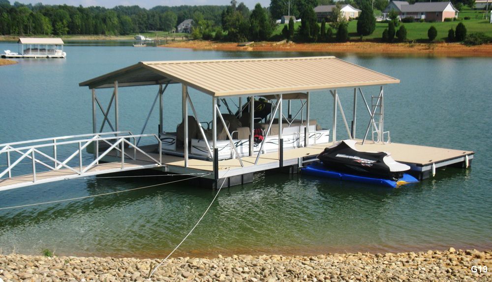 Buckskin decking, tan roof, with swim platform, swim ladder, and protected PWC space - Dock Solutions of Kentucky | Lexington, KY