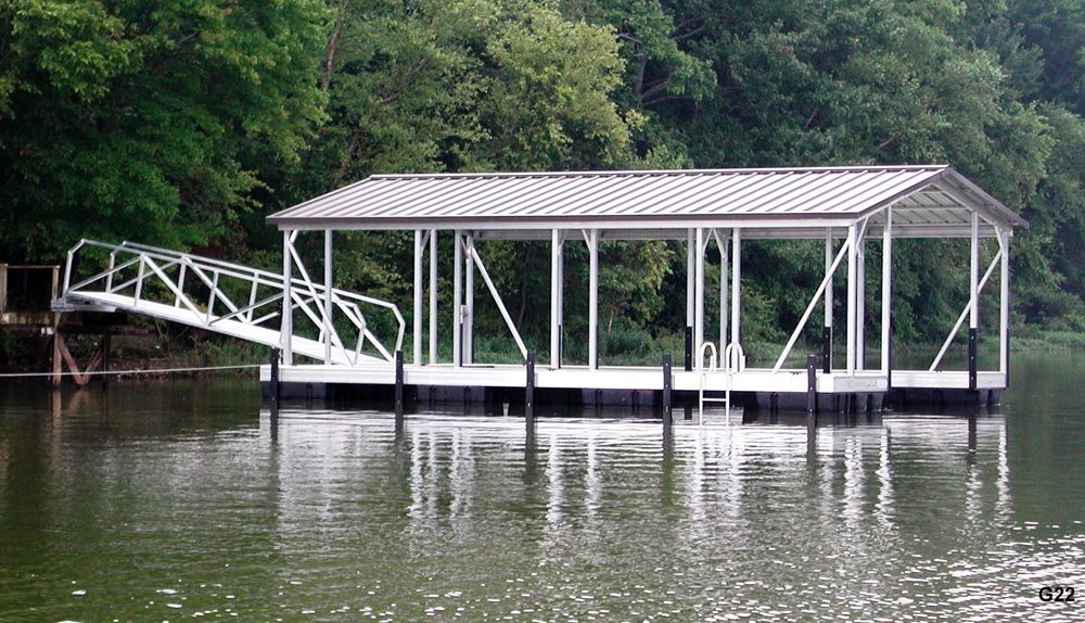 Silverstone decking, burnished slate roof, with full-length swim platform and swim ladder - Dock Solutions of Kentucky | Lexington, KY