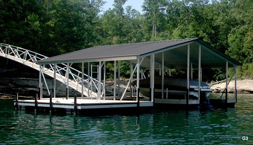 Silverstone decking, Hawaiian blue roof, with full-length swim platform, swim ladder, dog steps, large dock locker - Dock Solutions of Kentucky | Lexington, KY