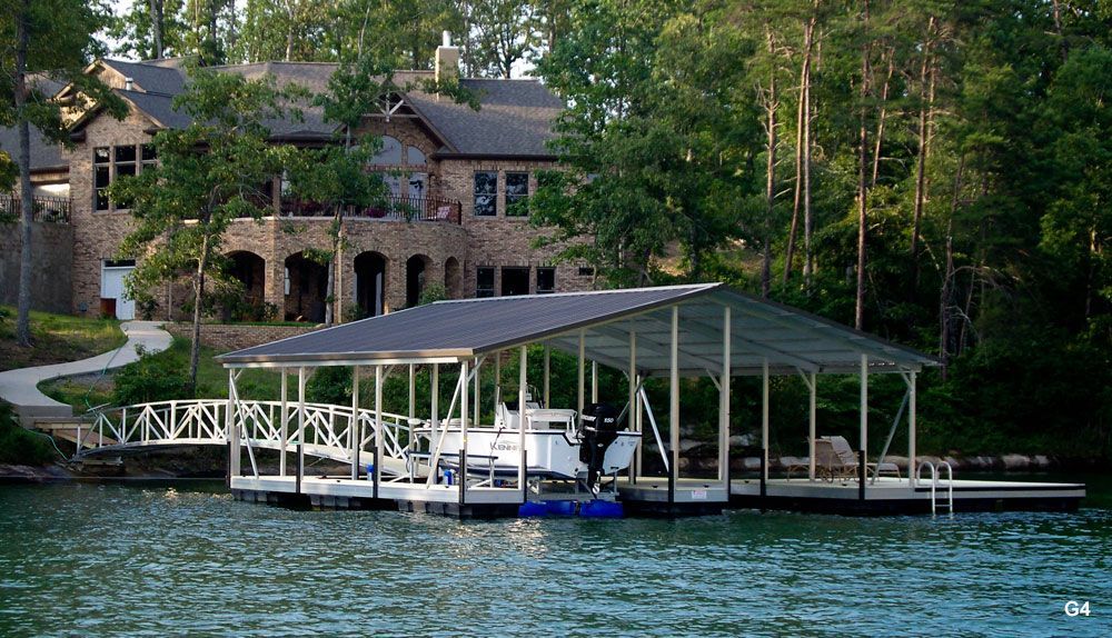 Silverstone decking, burnished slate roof, with swim platform, swim ladder, and protected PWC space - Dock Solutions of Kentucky | Lexington, KY