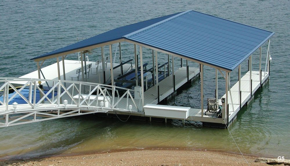 Silverstone decking, gallery blue roof, with swim platform, swim ladder, benches, dock lockers, and PWC space - Dock Solutions of Kentucky | Lexington, KY