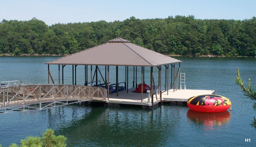 Buckskin decking, burnished slate roof and pickets, with swim platform, PWC slip and fill-in, and swim ladder - Dock Solutions of Kentucky | Lexington, KY
