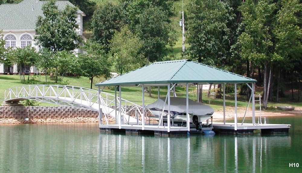 Silverstone decking, hunter green roof, with full-length swim platform and 80′ single-span ramp - Dock Solutions of Kentucky | Lexington, KY