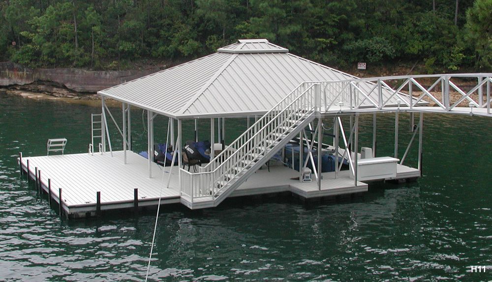 Silverstone decking, gray roof, with elevation stairs, swim platform, swim ladder, dog steps, and PWC slip - Dock Solutions of Kentucky | Lexington, KY