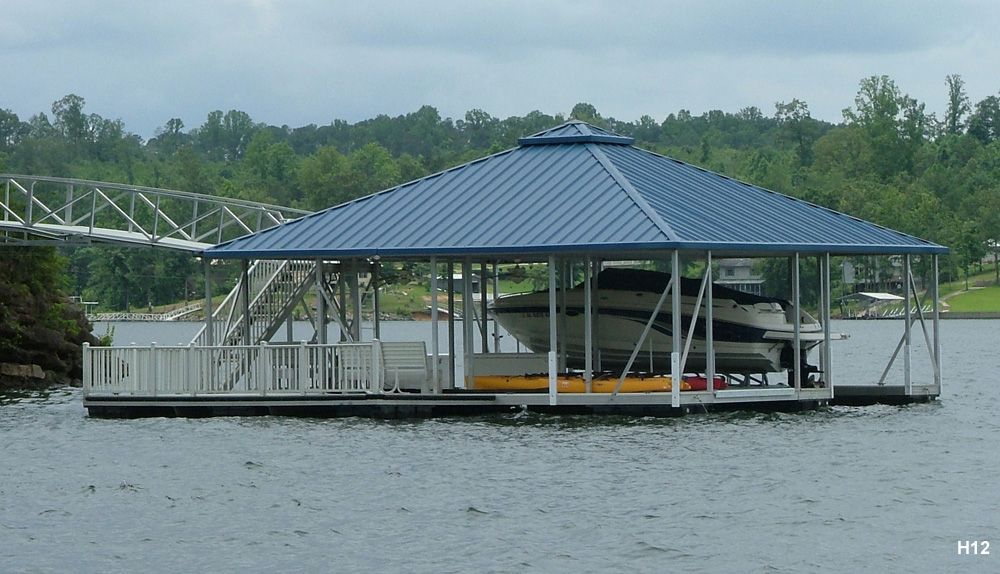 Silverstone decking, Hawaiian roof, with elevation stairs, slip fill-in, and swim platform with pickets - Dock Solutions of Kentucky | Lexington, KY