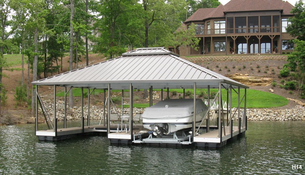 Buckskin decking, burnished slate roof, with PWC slip, fill-in, and swim ladder - Dock Solutions of Kentucky | Lexington, KY