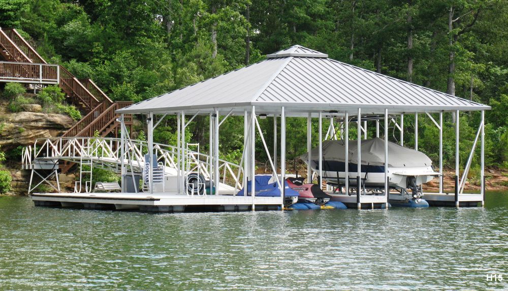 Silverstone decking, charcoal roof, with full-length swim platform, swim ladders, and PWC slip with fill-in - Dock Solutions of Kentucky | Lexington, KY