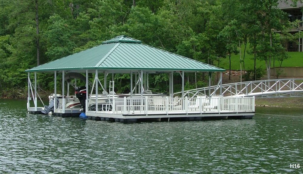 Silverstone decking and railings, hunter green roof, with full-length swim platform, railing, swim ladder - Dock Solutions of Kentucky | Lexington, KY