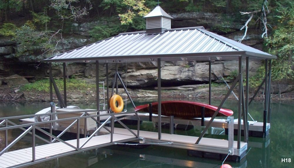 Buckskin decking, burnished slate roof and ramp, with swim platform, swim ladder, and cupola, parallel to shore - Dock Solutions of Kentucky | Lexington, KY