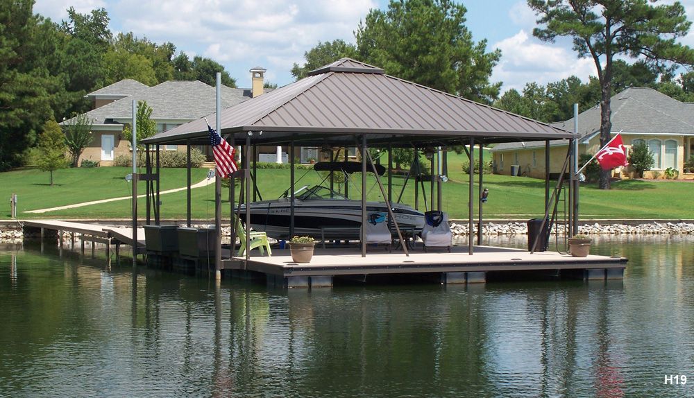 Buckskin roof, burnished slate roof and railing, with slip fill-in and swim ladder, parallel to shore - Dock Solutions of Kentucky | Lexington, KY