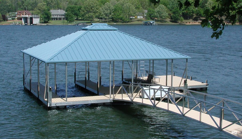 Buckskin decking, Hawaiian roof, with swim ladder, swim platform, and dock locker - Dock Solutions of Kentucky | Lexington, KY