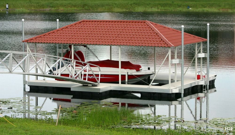Silverstone decking, Spanish tile roof, with full-length swim platform and swim ladder, parallel to shore - Dock Solutions of Kentucky | Lexington, KY