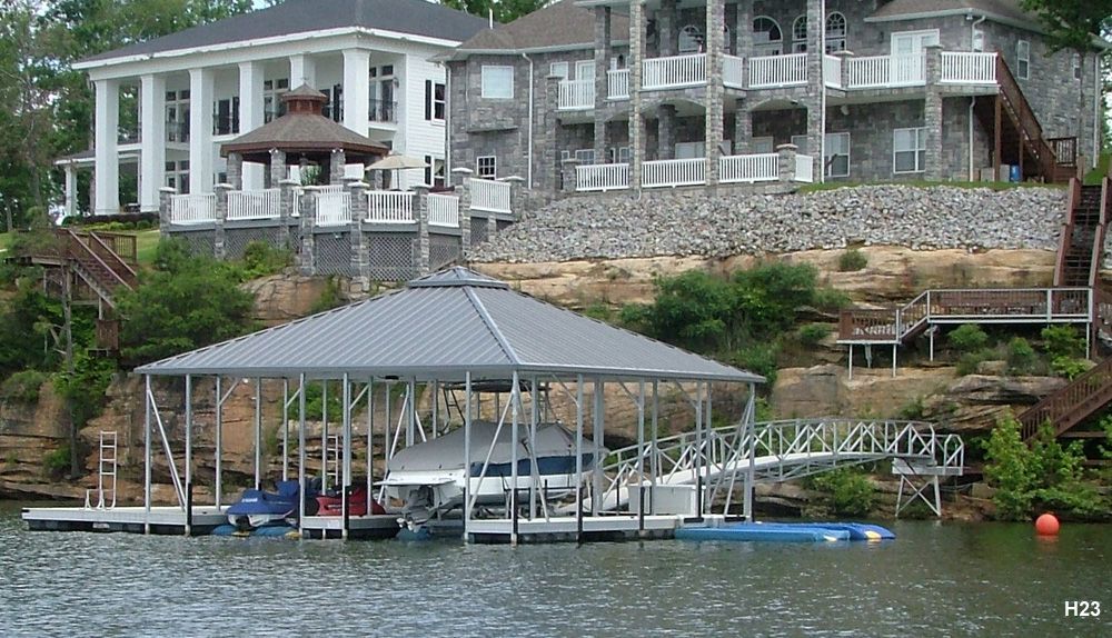 Silverstone decking, charcoal roof, with full-length swim platform, swim ladder, and jumbo dock locker - Dock Solutions of Kentucky | Lexington, KY