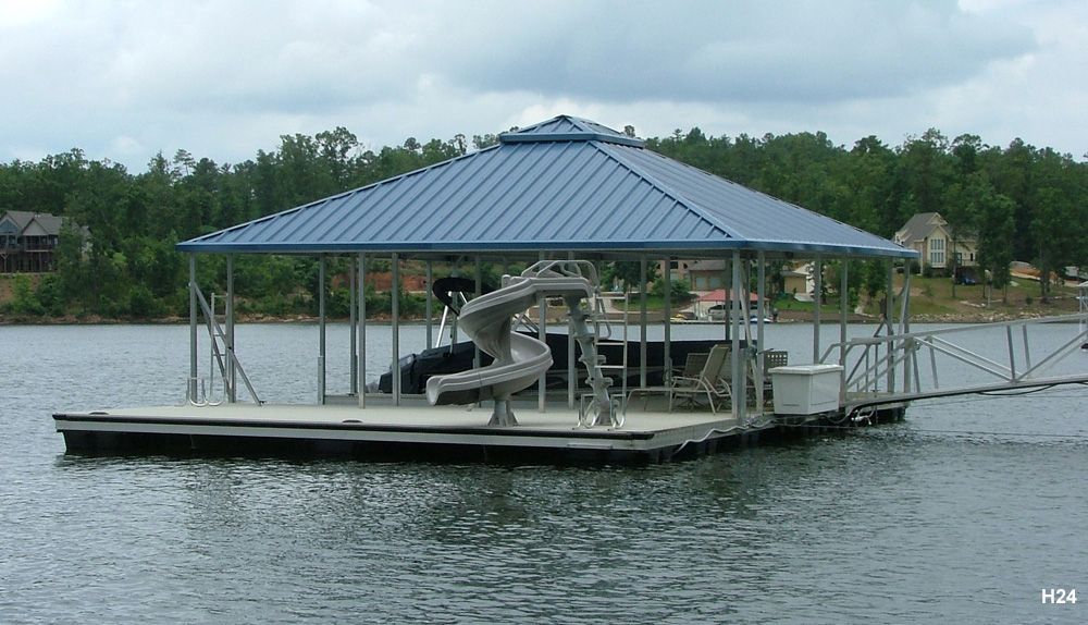 Silverstone decking, gallery blue roof, with full-length swim platform, swim ladder, dock locker, and custom slide - Dock Solutions of Kentucky | Lexington, KY