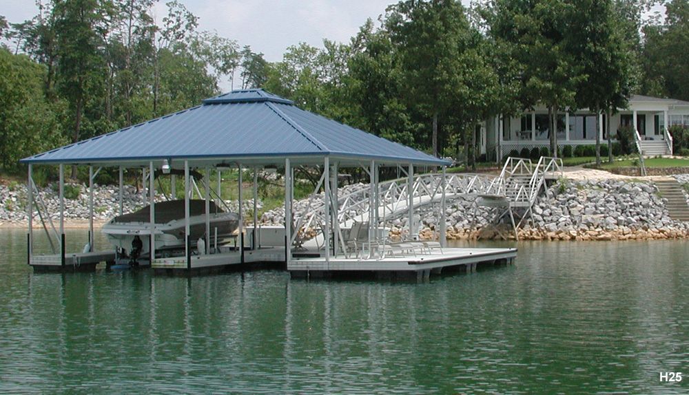 Silverstone decking, gallery blue roof, with full-length swim platform, swim ladder, and jumbo dock locker - Dock Solutions of Kentucky | Lexington, KY