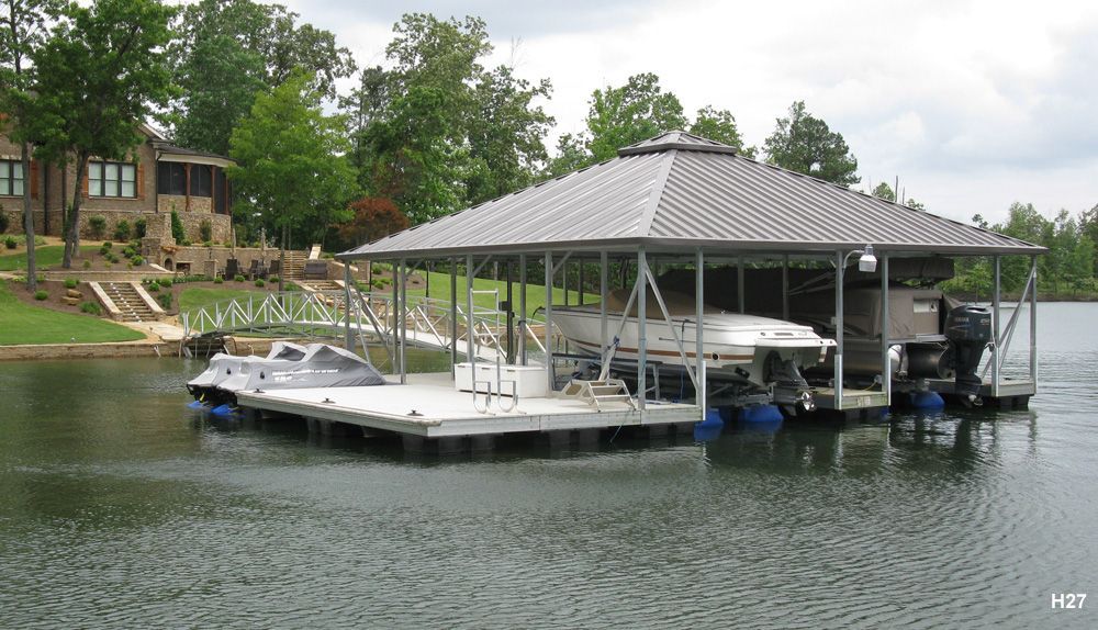Silverstone decking, burnished slate roof, with swim platform, swim ladder, dog steps, and protected PWC space - Dock Solutions of Kentucky | Lexington, KY