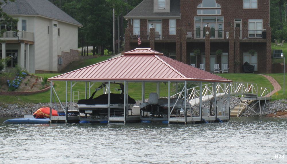 Silverstone decking, rustic roof, with swim platform, swim ladder, and PWC space - Dock Solutions of Kentucky | Lexington, KY
